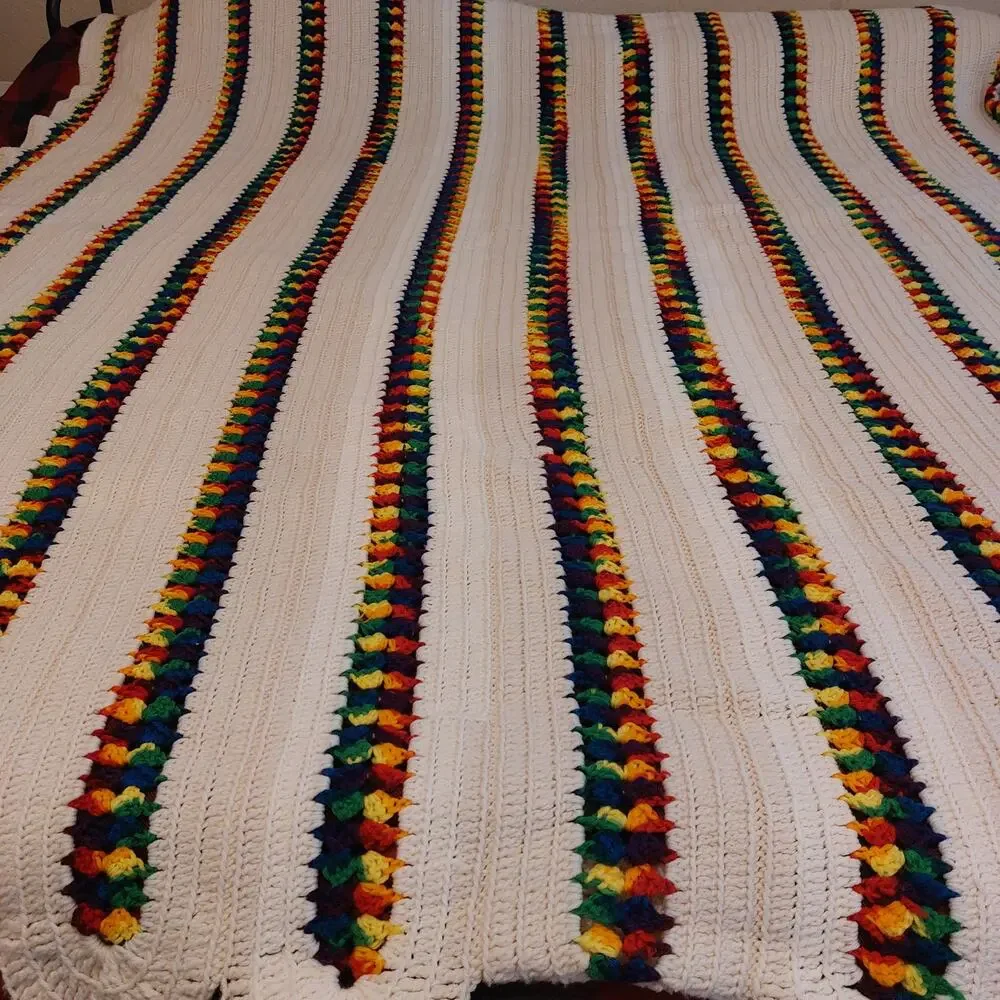Afghan Blanket Crochet Scalloped Beige Striped Rainbow 83
